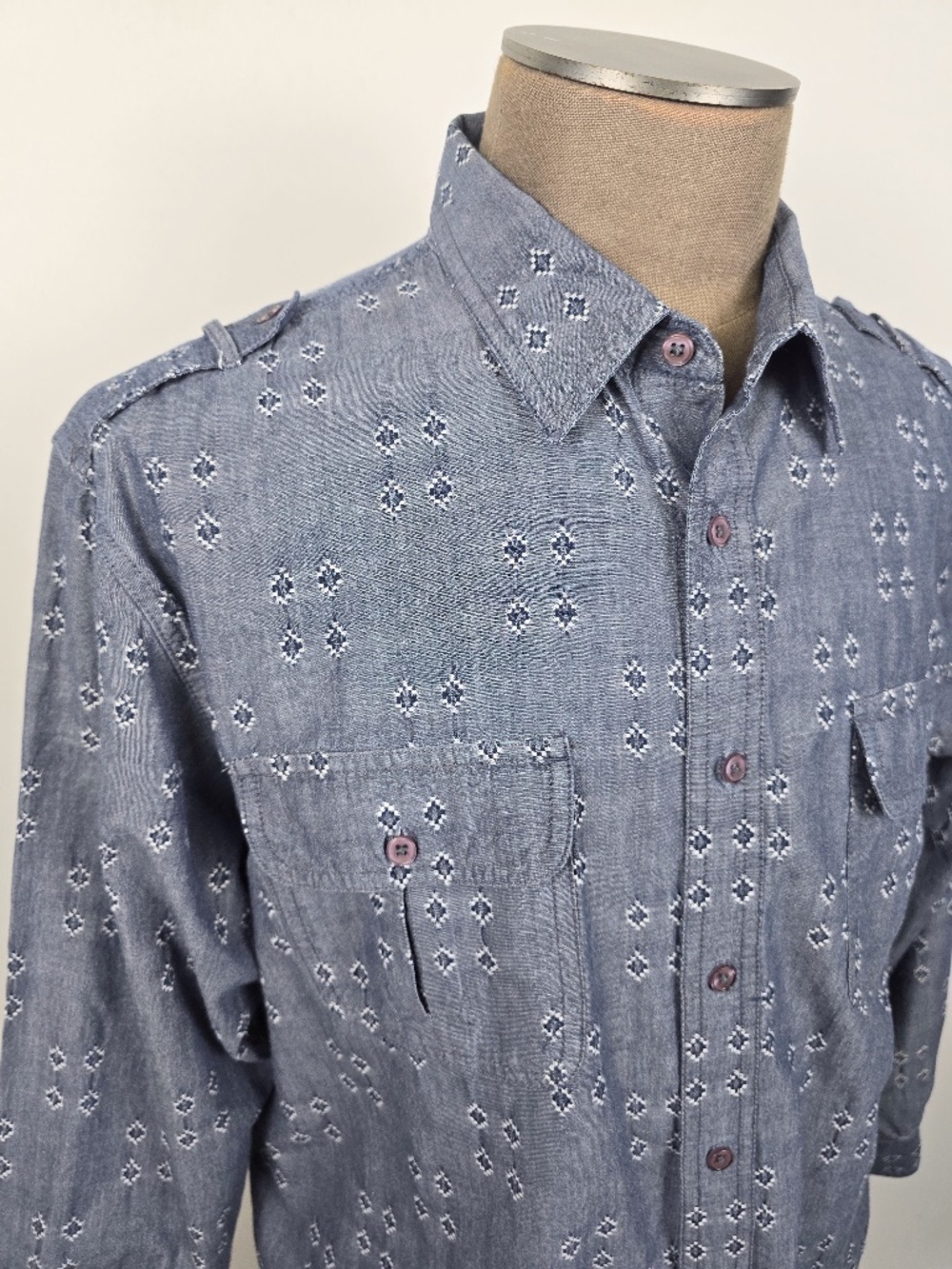 Vintage Scandia Woods Sashiko Style Geometric Diamond Utility Shirt Blue L/XL